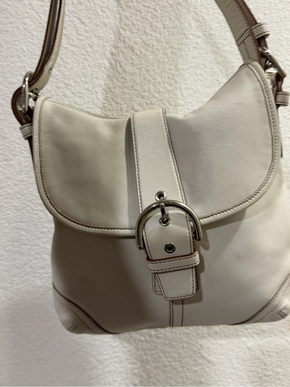 Coach Cream Leather Shoulder Bag with Silver Buckle